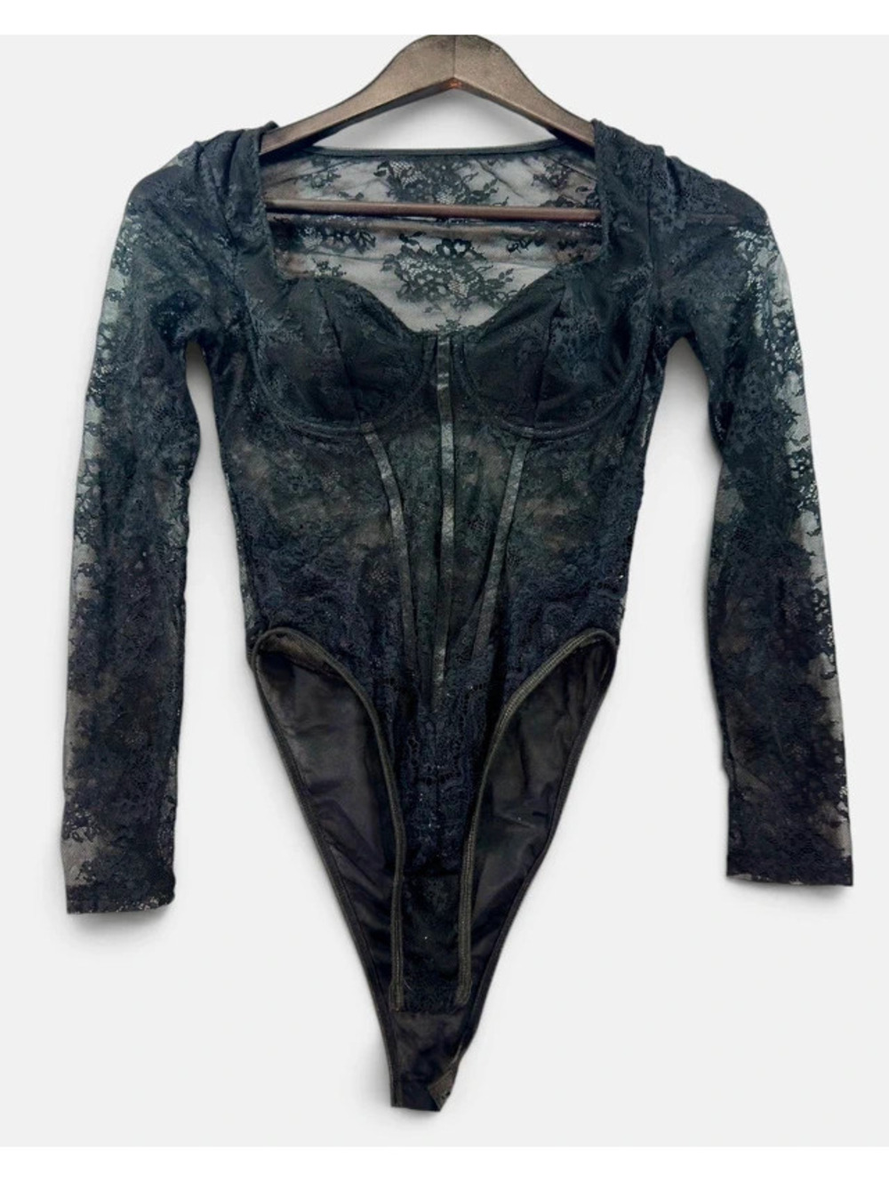 Black Lace Corset Bustier Long Sleeve Bodysuit Size Small A0017